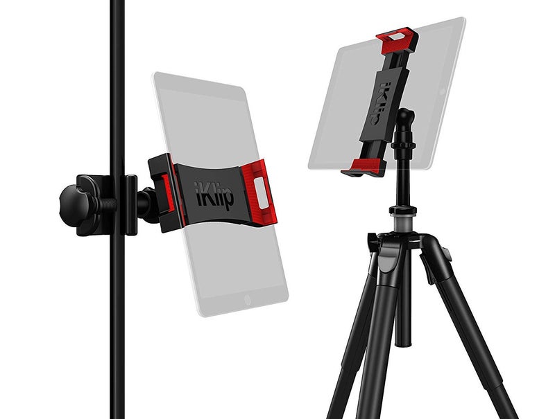 IK Multimedia iKlip 3 Deluxe Universal iPad, Stand mounts, 360 Degree Swivel, Soft-Touch Rubber Grip, Easy Insertion, Rotation, Rugged thermoplastic Design, fits 7â€-12. 1â€ Tablet, Poles to 1.2" Wide - Image 1